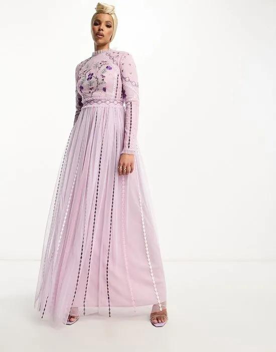 embroidered sequin maxi dress in pale lilac