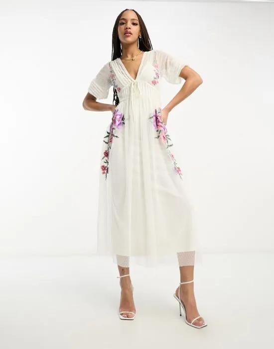 embroidered short sleeve midi dress with textured mesh in ivory