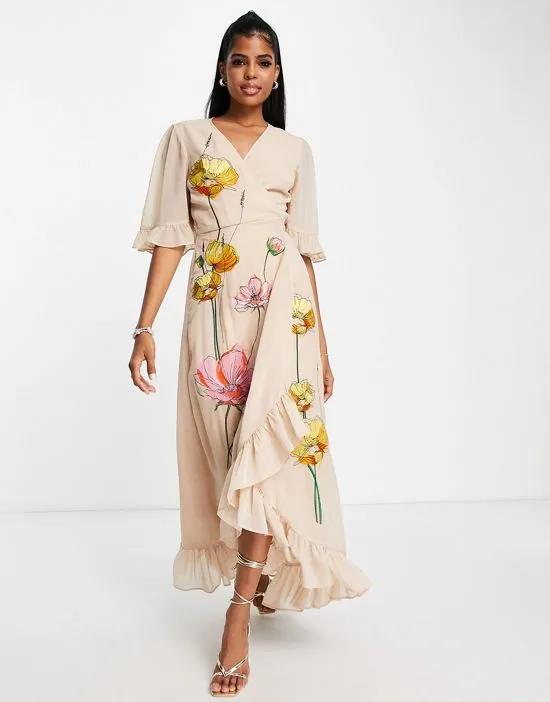 embroidered wrap maxi dress in peach floral