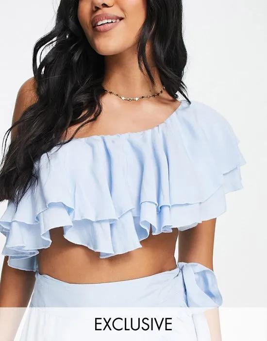 Esmee Exclusive one shoulder frill crop beach top in blue - part of a set