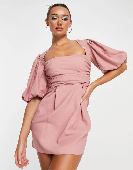 exaggerated blouson sleeve mini dress with wrap waist in taupe