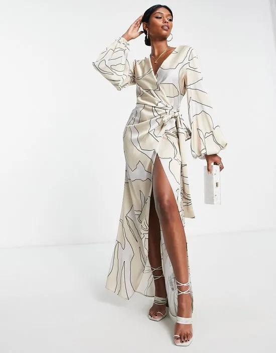 exaggerated sleeve satin wrap midi dress with open detail back in beige abstract print