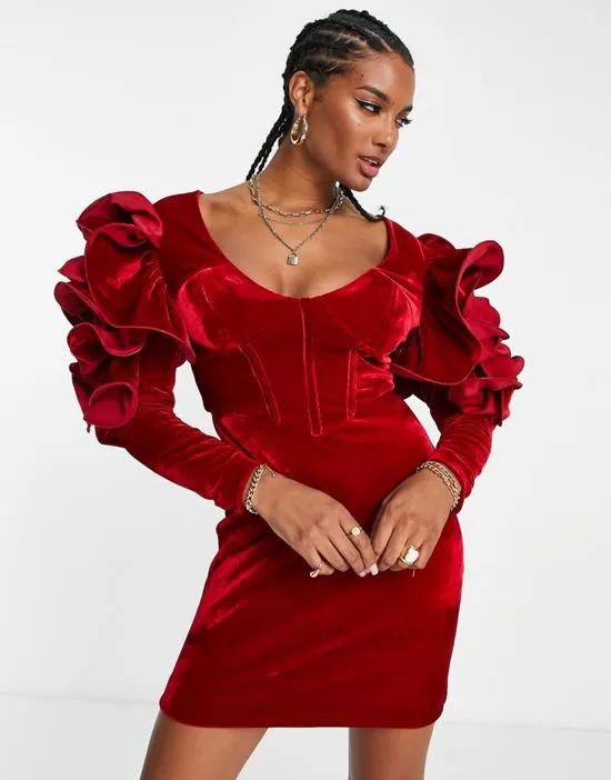 exaggerated sleeve velvet corset mini dress in burgundy