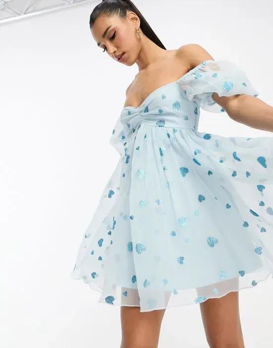 exclusive babydoll organza mini dress in powder blue heart