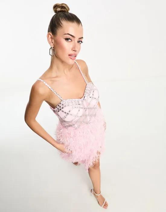 exclusive embellished faux feather midi dress in pink