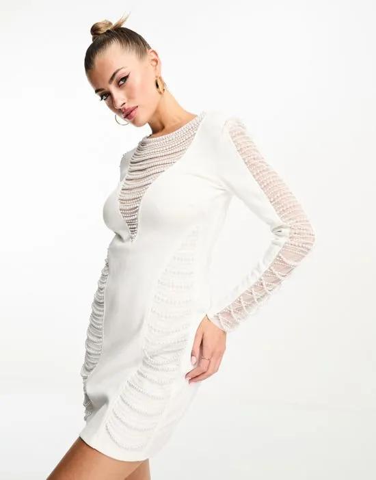 exclusive embellished long sleeve mini dress in white
