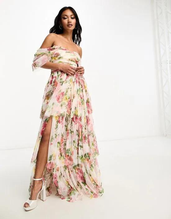 exclusive off shoulder high low maxi dress in bright floral