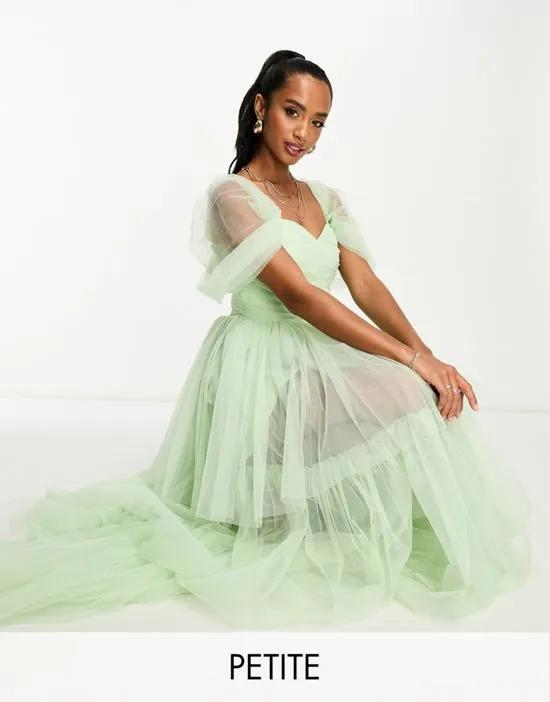 exclusive off shoulder high low tulle maxi dress in sage green