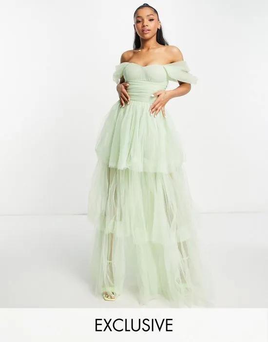 exclusive off-the-shoulder tulle tiered maxi dress in sage green