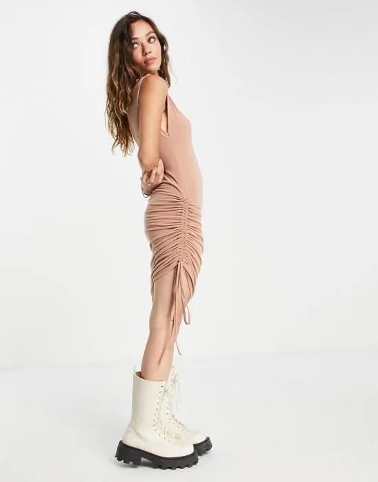 Exclusive ruched body-conscious mini dress in camel