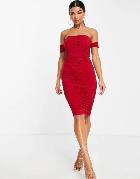 Exclusive ruched corset midi dress in wine red