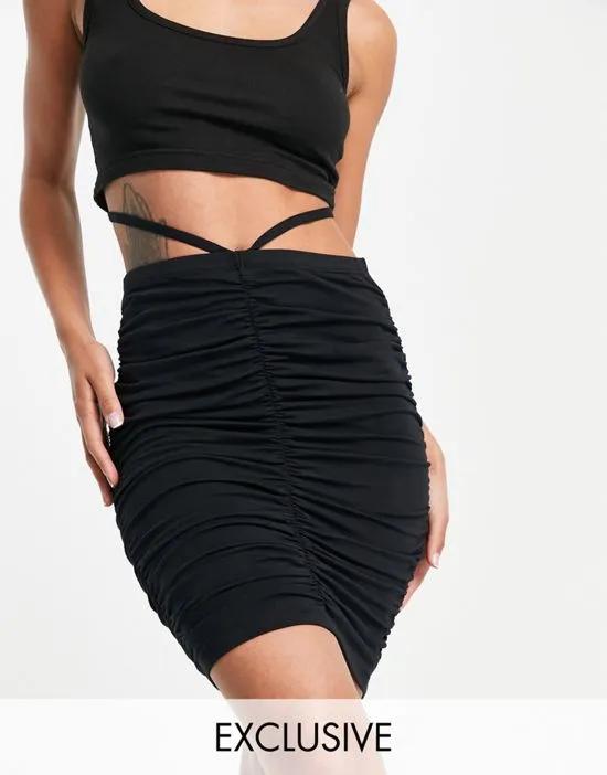 exclusive ruched skirt set in black