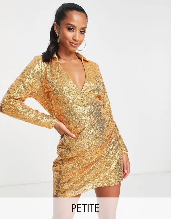 exclusive sequin plunge front collar detail mini wrap dress in gold