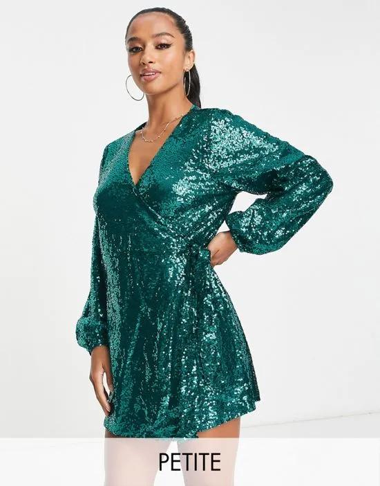 exclusive sequin wrap detail mini dress in emerald green
