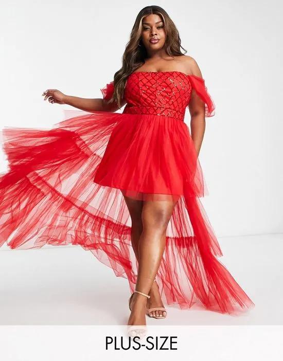 Exclusive sweetheart sequin bardot maxi dress in red