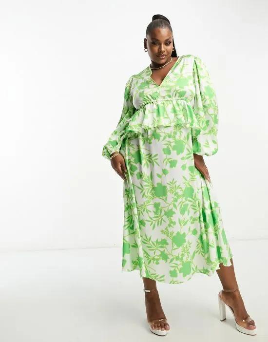 exclusive v neck ruffle waist midi dress in green floral
