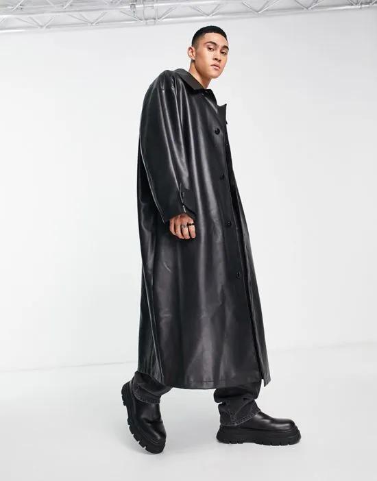 extreme oversized faux leather longline overcoat in black