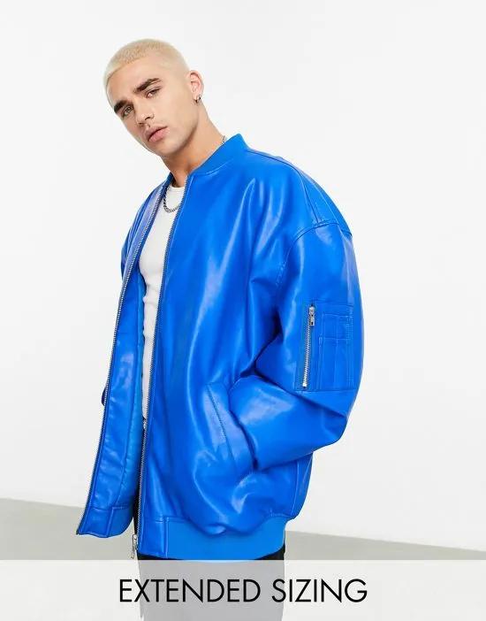 extreme oversized leather look bomber jacket in cobalt blue