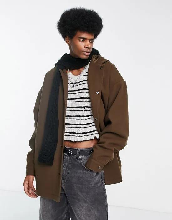 extreme oversized wool look hooded coach jacket in brown