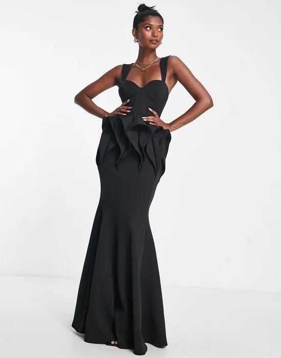extreme pleated hip maxi dress in black