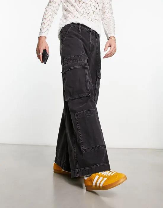 extreme wide leg cargo jeans in washed black