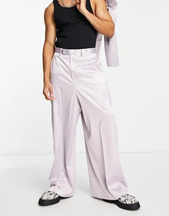 extreme wide leg suit pants in lilac satin