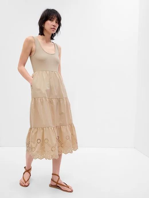 Eyelet Mixed Fabric Midi Dress