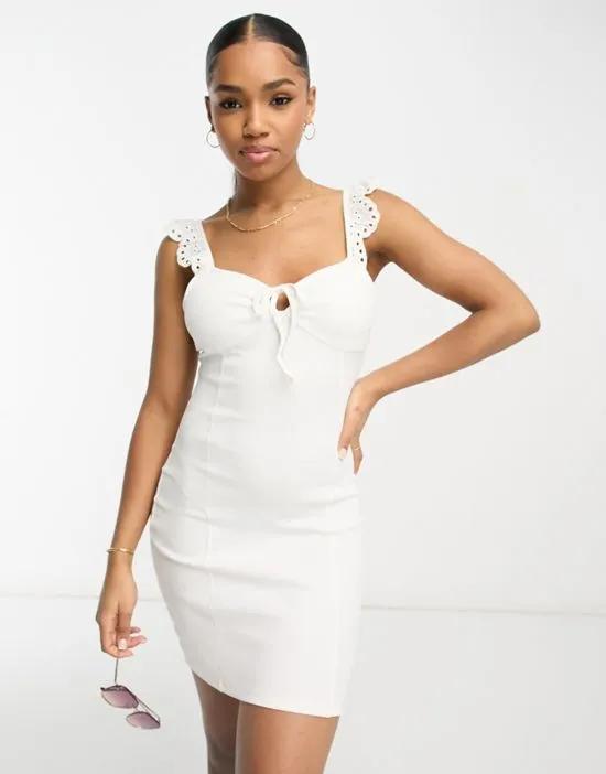 eyelet tie front body-conscious dress in white
