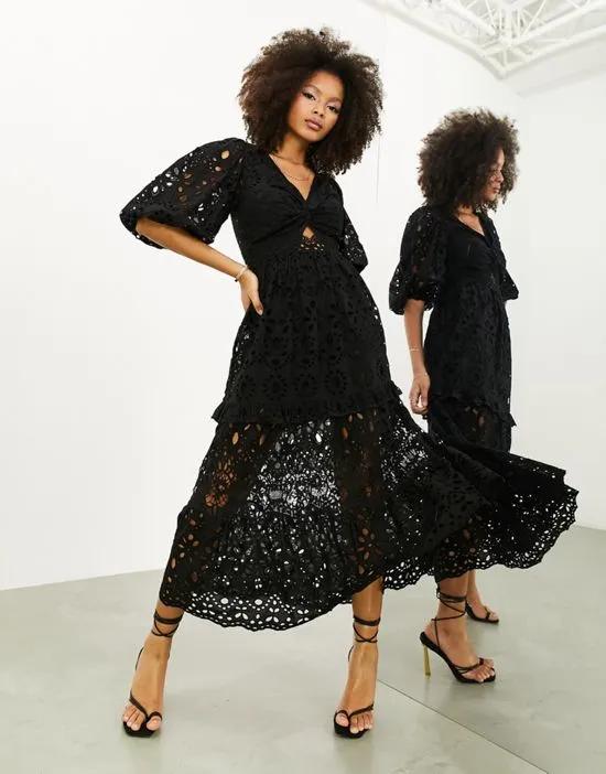 eyelet twist front midi dress with puff sleeve in black