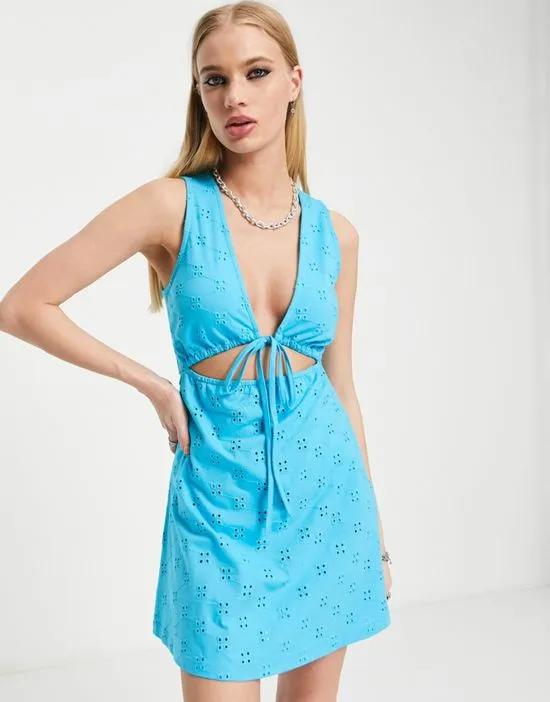 eyelet v neck tie front mini sundress with cut outs in bright blue