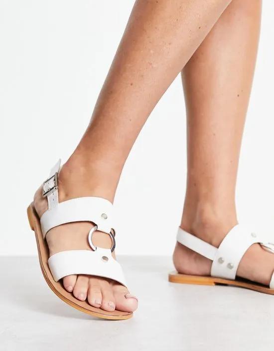 Fancy leather ring and stud detail flat sandals in off white