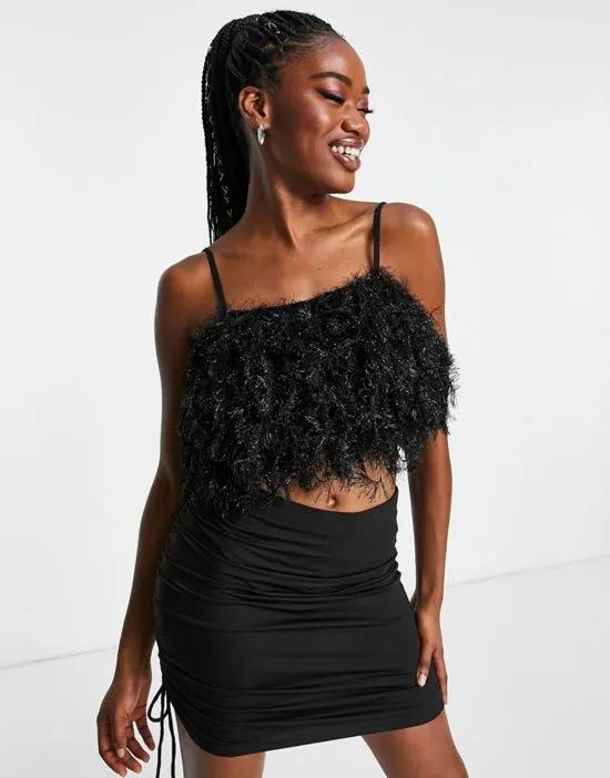faux feather crop cami in black