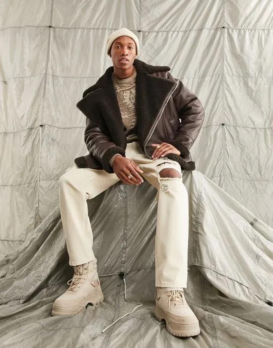 faux leather aviator jacket in brown