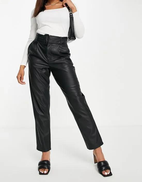 faux leather cigarette pants with belted waist in black