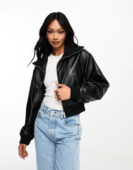 faux leather crop bomber jacket in black