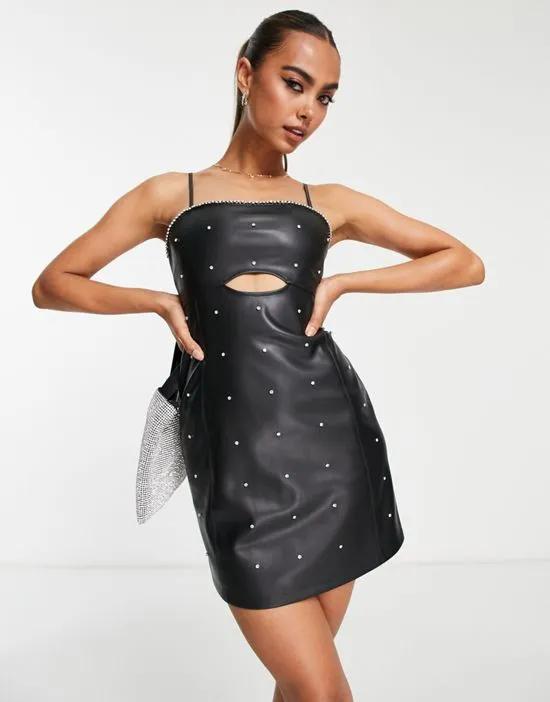 faux leather diamante cut out mini dress in black