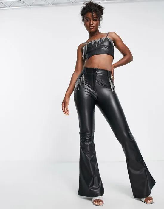 faux leather diamante fringe kickflare pants in black