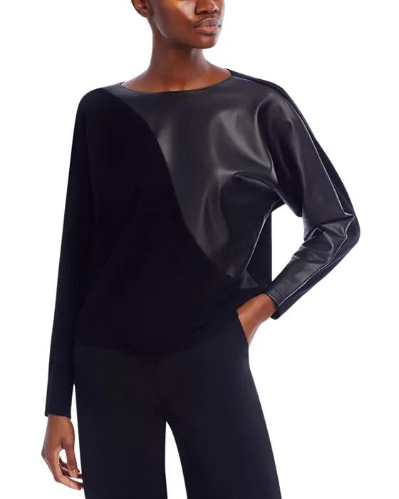 Faux Leather Front Dolman Sleeve Sweater