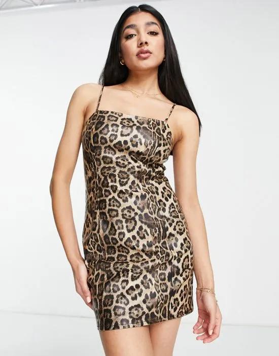 faux leather leopard print 90s strappy mini dress in brown