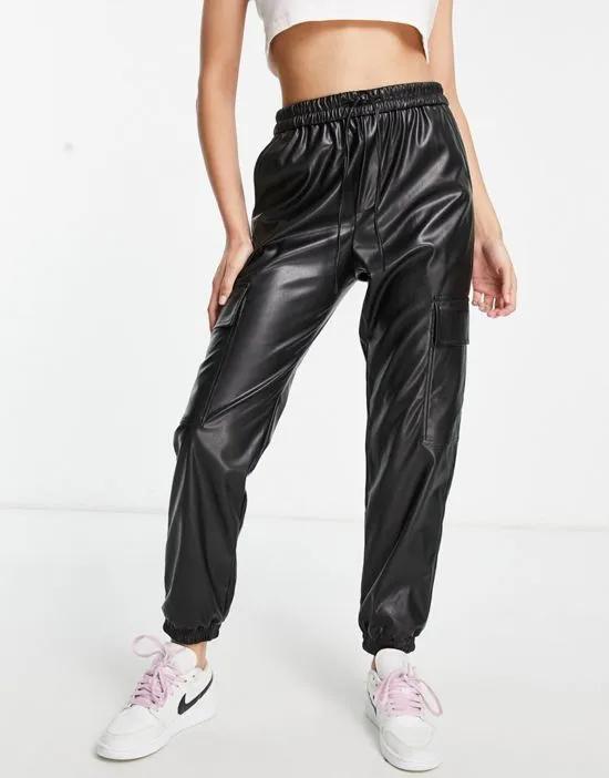 faux leather utility sweatpants in black
