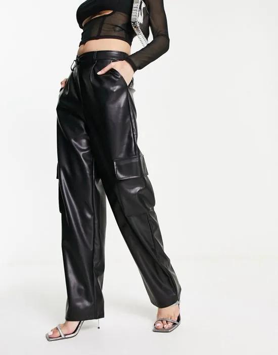 faux leather wide leg cargo pants in black