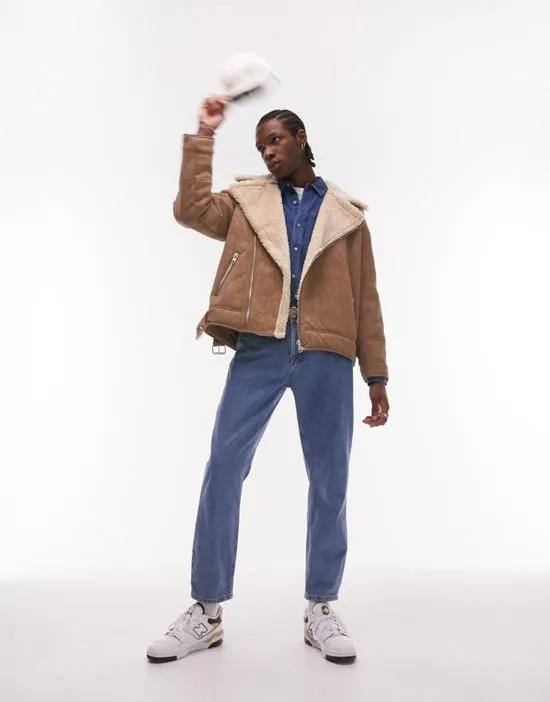 faux shearling biker jacket in tan