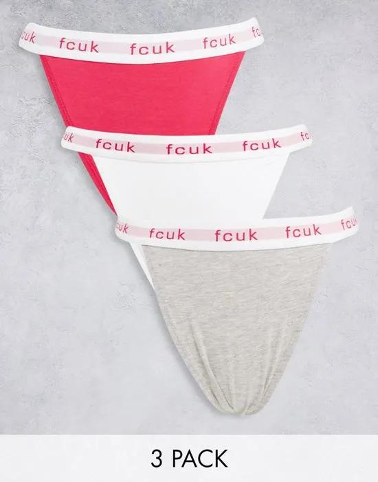 FCUK 3 pack tanga briefs in white gray and pink