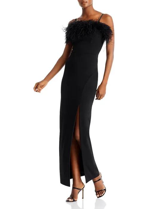 Feather Embellished Crepe Column Gown - 100% Exclusive