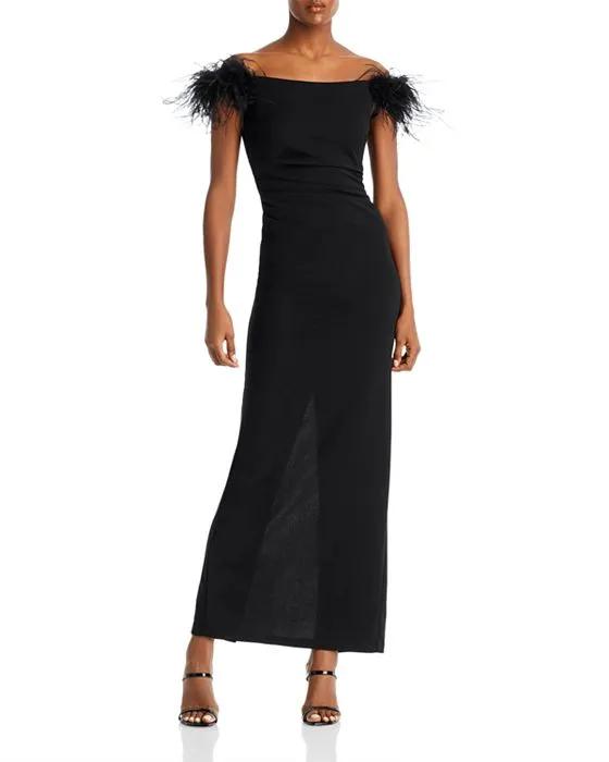 Feather Off-the-Shoulder Column Gown - 100% Exclusive