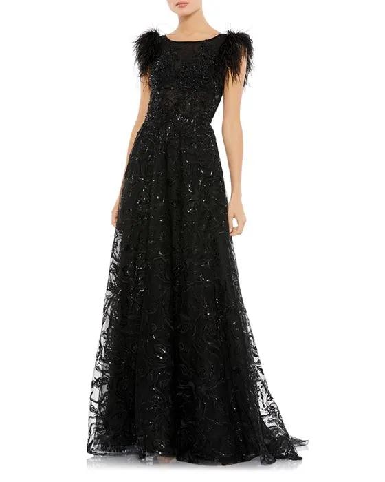 Feather Sequin Gown