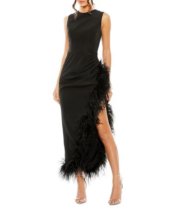 Feather Trim Asymmetric Dress