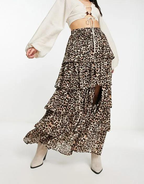 festival chiffon tiered maxi skirt in leopard print