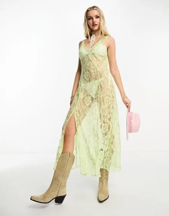 festival lace sheer strappy midi dress in lime green