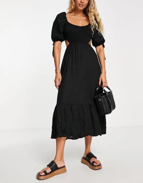Fin linen shirred front puff sleeve midi dress in black
